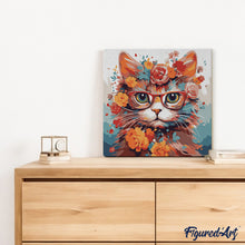 Cargar imagen en el visor de la galería, Mini Pintura por Números 20x20cm con bastidor - Gato de fantasía y flores