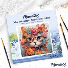 Cargar imagen en el visor de la galería, Mini Pintura por Números 20x20cm con bastidor - Gato de fantasía y flores