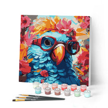 Cargar imagen en el visor de la galería, Mini Pintar por Números 20x20cm con bastidor - Loro de fantasía y flores