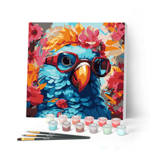 Cargar imagen en el visor de la galería, Mini Pintar por Números 20x20cm con bastidor - Loro de fantasía y flores