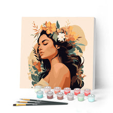 Cargar imagen en el visor de la galería, Mini Pintar por Números 20x20cm con bastidor - Mujer con diadema floral