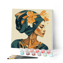 Cargar imagen en el visor de la galería, Mini Pintar por Números 20x20cm con bastidor - Mujer con turbante floral