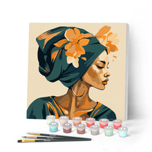 Cargar imagen en el visor de la galería, Mini Pintar por Números 20x20cm con bastidor - Mujer con turbante floral