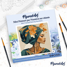 Cargar imagen en el visor de la galería, Mini Pintura por Números 20x20cm con bastidor - Mujer con turbante floral