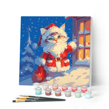 Cargar imagen en el visor de la galería, Mini Pintar por Números 20x20cm con bastidor - Gatito de Papá Noel