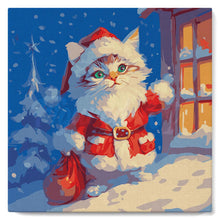 Cargar imagen en el visor de la galería, Mini Pintura por Números 20x20cm con bastidor - Gatito de Papá Noel