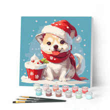 Cargar imagen en el visor de la galería, Mini Pintar por Números 20x20cm con bastidor - Perrito navideño