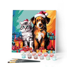 Cargar imagen en el visor de la galería, Mini Pintar por Números 20x20cm con bastidor - Gato y perro festivos