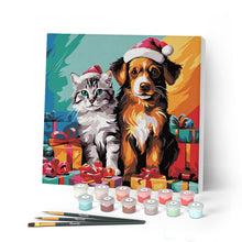 Cargar imagen en el visor de la galería, Mini Pintar por Números 20x20cm con bastidor - Gato y perro festivos