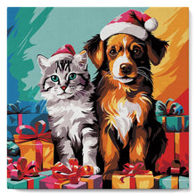 Cargar imagen en el visor de la galería, Mini Pintura por Números 20x20cm con bastidor - Gato y perro festivos