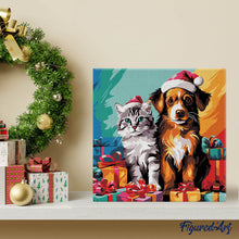 Cargar imagen en el visor de la galería, Mini Pintura por Números 20x20cm con bastidor - Gato y perro festivos