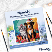 Cargar imagen en el visor de la galería, Mini Pintura por Números 20x20cm con bastidor - Gato y perro festivos
