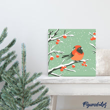 Cargar imagen en el visor de la galería, Mini Pintura por Números 20x20cm con bastidor - Pájaro rojo de invierno