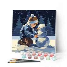 Cargar imagen en el visor de la galería, Mini Pintar por Números 20x20cm con bastidor - Un niño y un muñeco de nieve