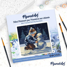 Cargar imagen en el visor de la galería, Mini Pintura por Números 20x20cm con bastidor - Un niño y un muñeco de nieve