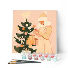 Cargar imagen en el visor de la galería, Mini Pintar por Números 20x20cm con bastidor - Mujer con árbol de Navidad
