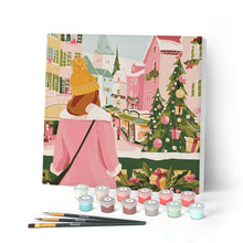 Cargar imagen en el visor de la galería, Mini Pintar por Números 20x20cm con bastidor - Chica en mercado navideño