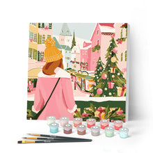 Cargar imagen en el visor de la galería, Mini Pintar por Números 20x20cm con bastidor - Chica en mercado navideño
