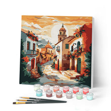 Cargar imagen en el visor de la galería, Mini Pintar por Números 20x20cm con bastidor - Iglesia soleada del pueblo