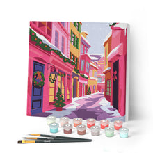 Cargar imagen en el visor de la galería, Mini Pintar por Números 20x20cm con bastidor - Callejón navideño rosa