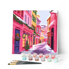 Cargar imagen en el visor de la galería, Mini Pintar por Números 20x20cm con bastidor - Callejón navideño rosa
