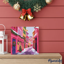 Cargar imagen en el visor de la galería, Mini Pintura por Números 20x20cm con bastidor - Callejón navideño rosa