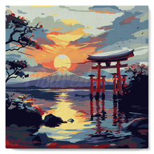 Cargar imagen en el visor de la galería, Mini Pintura por Números 20x20cm con bastidor - Puerta Torii al Atardecer