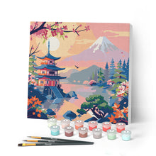 Cargar imagen en el visor de la galería, Mini Pintar por Números 20x20cm con bastidor - Pagoda y Monte Fuji