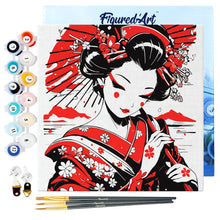Cargar imagen en el visor de la galería, Mini Pintura por Números 20x20cm con bastidor - Geisha Roja y Negra