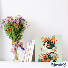 Cargar imagen en el visor de la galería, Mini Pintura por Números 20x20cm con bastidor - Gata Floral en Kimono