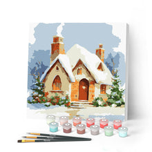Cargar imagen en el visor de la galería, Mini Pintar por Números 20x20cm con bastidor - Casa de ladrillo en invierno