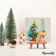 Cargar imagen en el visor de la galería, Mini Pintura por Números 20x20cm con bastidor - Árbol de Navidad y chimenea