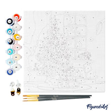 Cargar imagen en el visor de la galería, Mini Pintura por Números 20x20cm con bastidor - Árbol de Navidad y chimenea