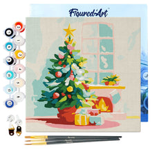 Cargar imagen en el visor de la galería, Mini Pintura por Números 20x20cm con bastidor - Árbol de Navidad y chimenea