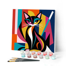 Cargar imagen en el visor de la galería, Pintar por numeros Figured'Art - Mini Pintura por Números 20x20cm con bastidor - Gato Abstracto Audaz