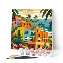 Cargar imagen en el visor de la galería, Pintar por numeros Figured'Art - Mini Pintura por Números 20x20cm con bastidor - Ciudad costera marroquí