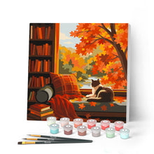 Cargar imagen en el visor de la galería, Pintar por numeros Figured'Art - Mini Pintura por Números 20x20cm con bastidor - Vista otoñal del gato