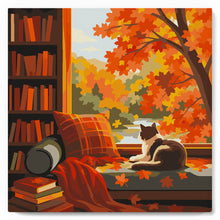 Cargar imagen en el visor de la galería, Mini Pintura por Números 20x20cm con bastidor - Vista otoñal del gato