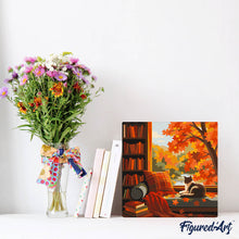Cargar imagen en el visor de la galería, Mini Pintura por Números 20x20cm con bastidor - Vista otoñal del gato