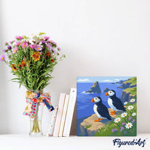 Cargar imagen en el visor de la galería, Mini Pintura por Números 20x20cm con bastidor - Frailecillo en los acantilados del océano