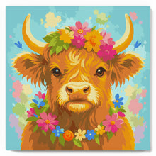 Cargar imagen en el visor de la galería, Mini Pintura por Números 20x20cm con bastidor - Highland Cow reina del jardín
