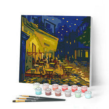 Cargar imagen en el visor de la galería, Pintar por numeros Figured'Art - Mini Pintura por Números 20x20cm con bastidor - Van Gogh - Terraza de café por la noche