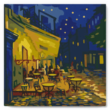 Cargar imagen en el visor de la galería, Mini Pintura por Números 20x20cm con bastidor - Van Gogh - Terraza de café por la noche
