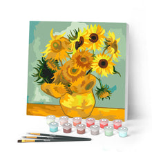 Cargar imagen en el visor de la galería, Pintar por numeros Figured'Art - Mini Pintura por Números 20x20cm con bastidor - Van Gogh - Girasoles