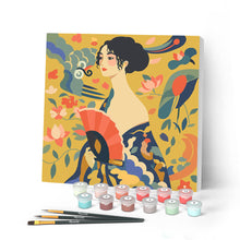 Cargar imagen en el visor de la galería, Pintar por numeros Figured'Art - Mini Pintura por Números 20x20cm con bastidor - Dama con abanico - Klimt
