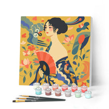 Cargar imagen en el visor de la galería, Pintar por numeros Figured'Art - Mini Pintura por Números 20x20cm con bastidor - Dama con abanico - Klimt