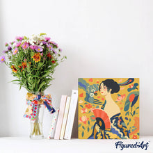 Cargar imagen en el visor de la galería, Mini Pintura por Números 20x20cm con bastidor - Dama con abanico - Klimt