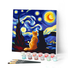 Cargar imagen en el visor de la galería, Pintar por numeros Figured'Art - Mini Pintura por Números 20x20cm con bastidor - Compañeros de noche estrellada