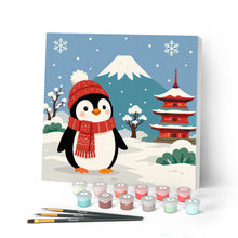 Cargar imagen en el visor de la galería, Pintar por numeros Figured'Art - Mini Pintura por Números 20x20cm con bastidor - Pingüino junto al monte Fuji