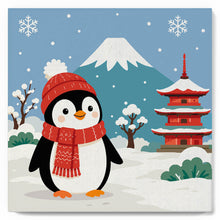 Cargar imagen en el visor de la galería, Mini Pintura por Números 20x20cm con bastidor - Pingüino junto al monte Fuji